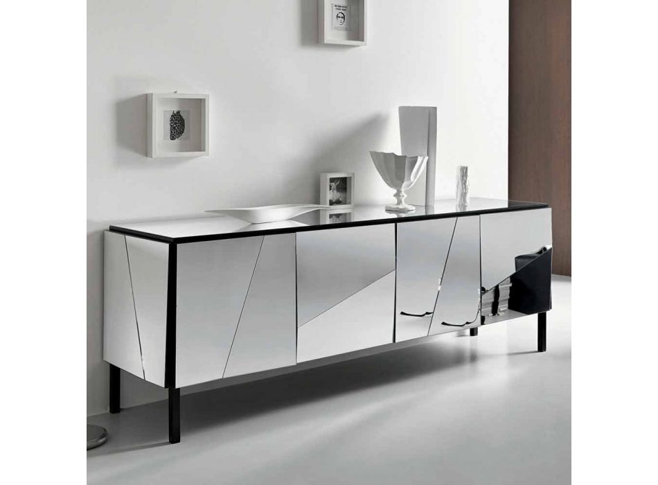 Buffet de salon en bois noir mat et plateau en verre miroir Liscio - Senese