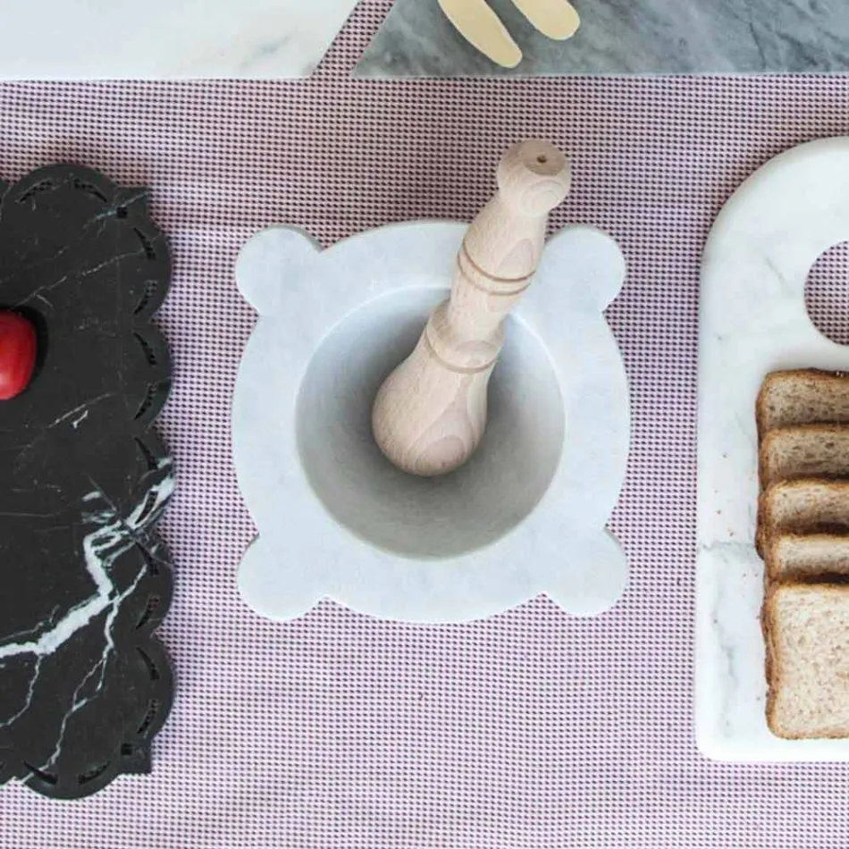 Mortier en marbre blanc de Carrare avec pilon en bois fabriqué en Italie - Winda Viadurini