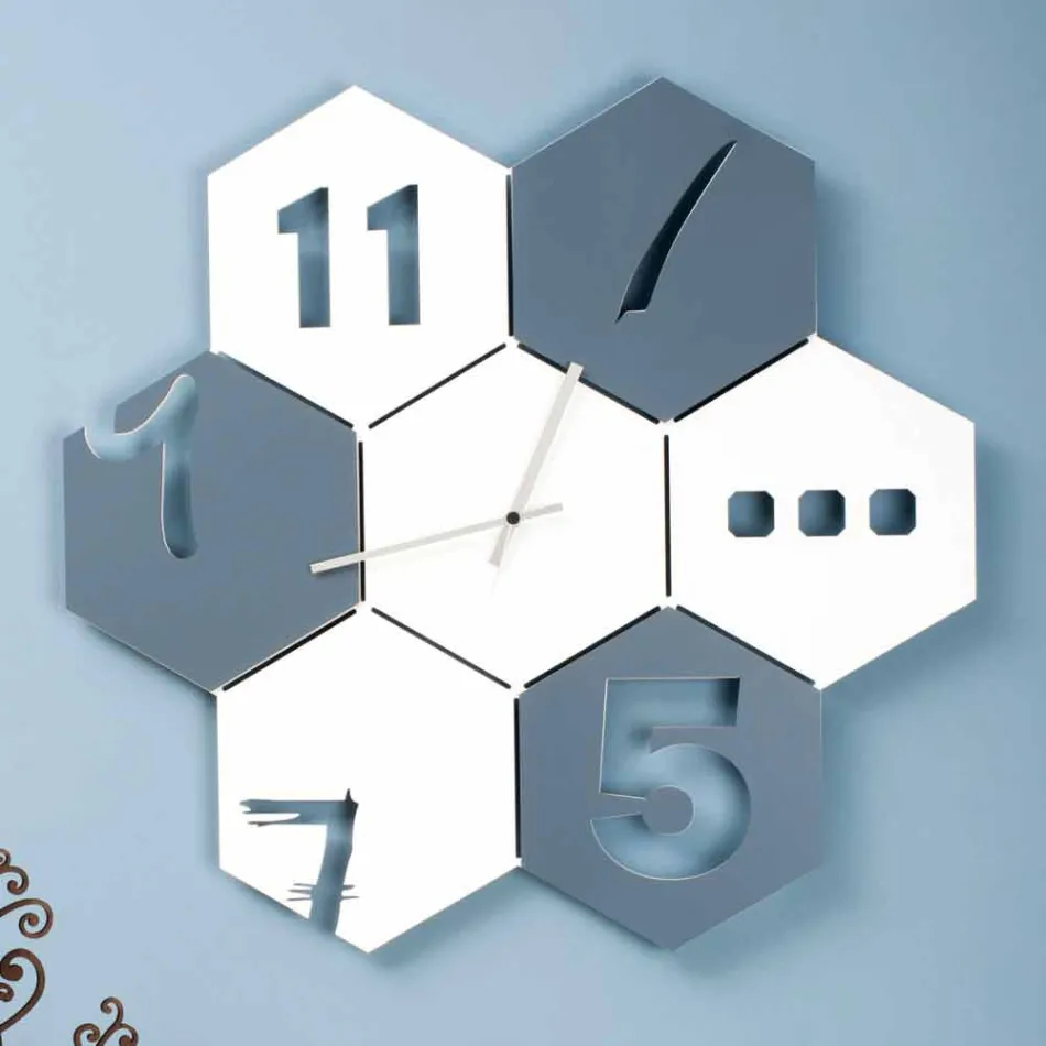 Grande Horloge Murale en Bois Coloré Design Moderne Hexagonal - Nidodape Viadurini
