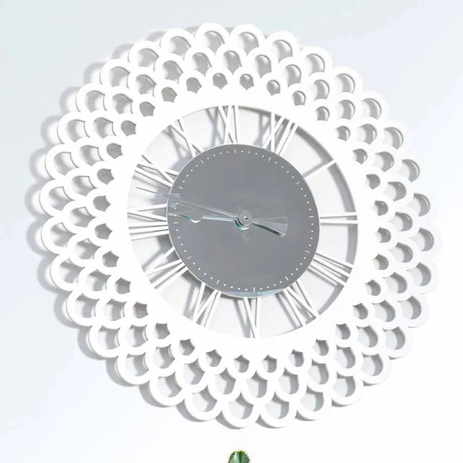 Horloge Murale en Bois Blanc Grand et Design Floral Moderne - Gerbera Viadurini