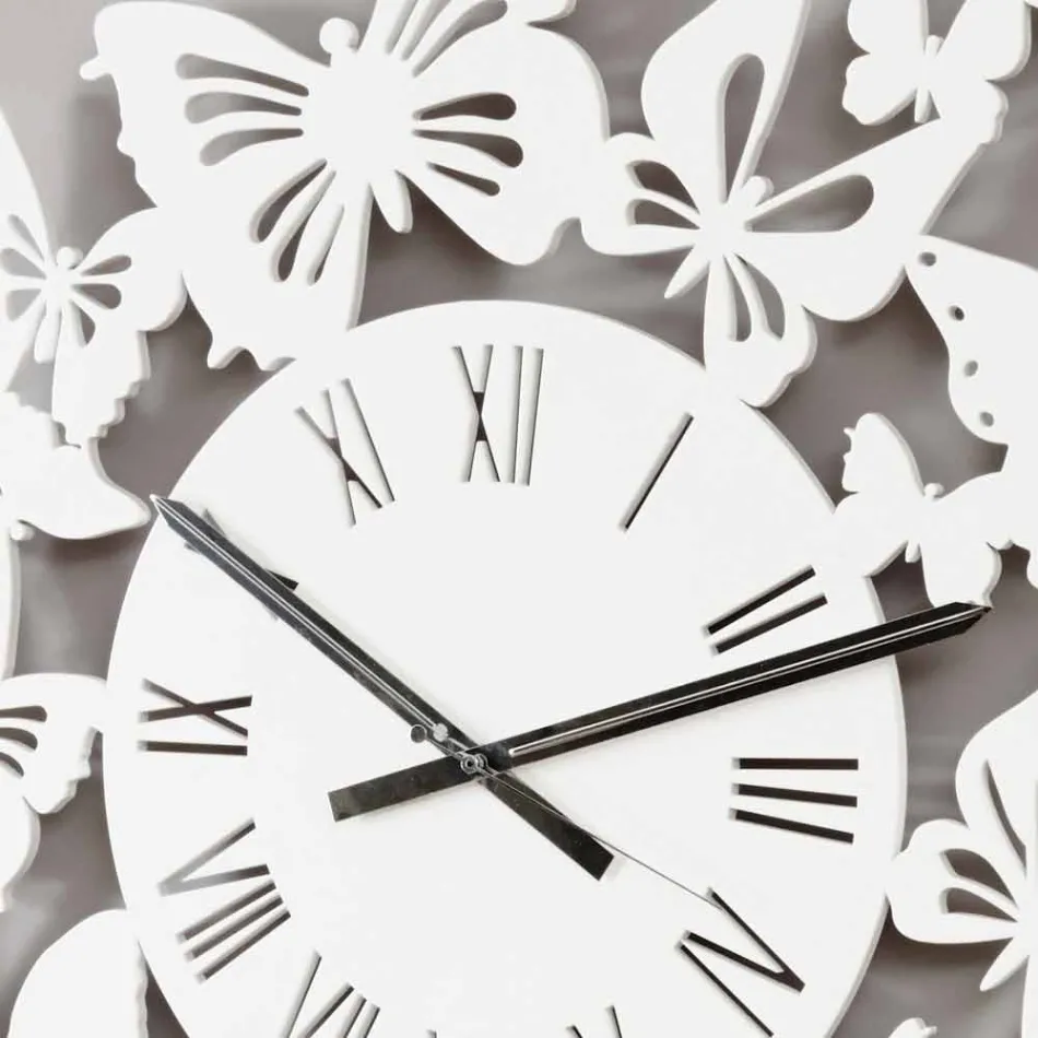 Horloge Murale en Bois Coloré Design Moderne Décorée de Papillons - Papilio Viadurini