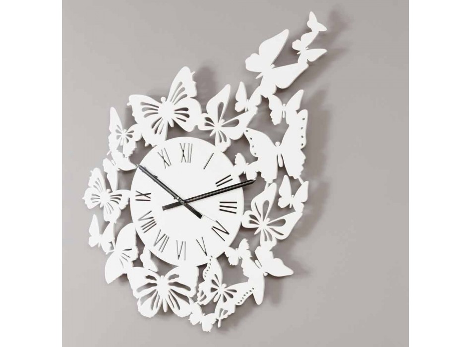 Horloge Murale en Bois Coloré Design Moderne Décorée de Papillons - Papilio Viadurini