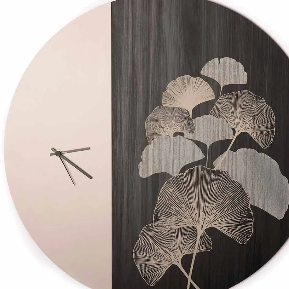 Horloge Murale Design Ronde en Bois avec Décorations, 2 Finitions - Ginkgo Viadurini