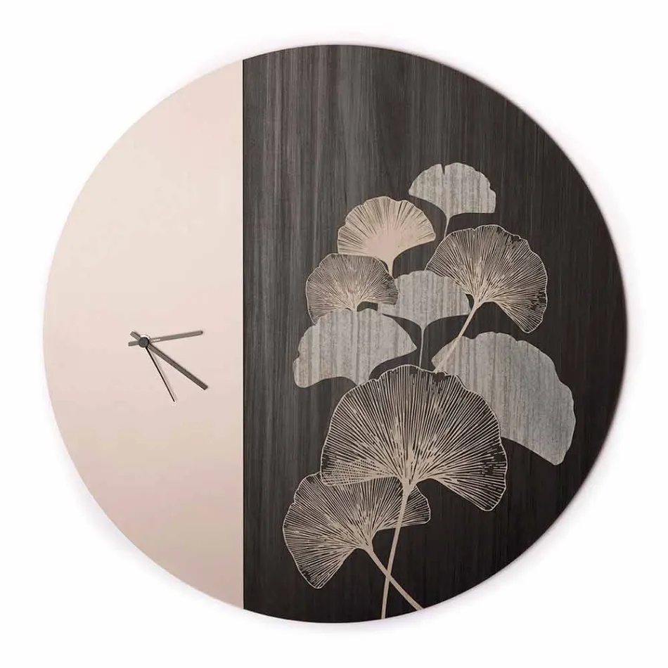 Horloge Murale Design Ronde en Bois avec Décorations, 2 Finitions - Ginkgo Viadurini