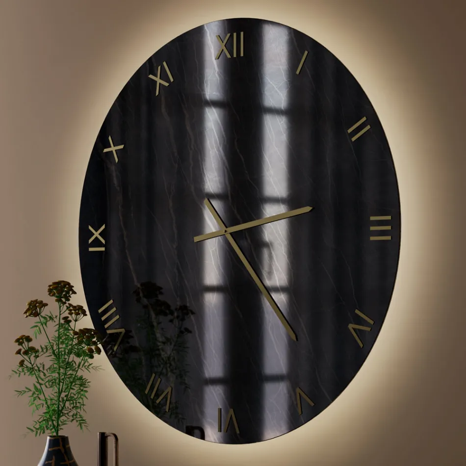 Horloge murale en verre effet marbre noir et or avec aiguilles en laiton - Cortex Viadurini