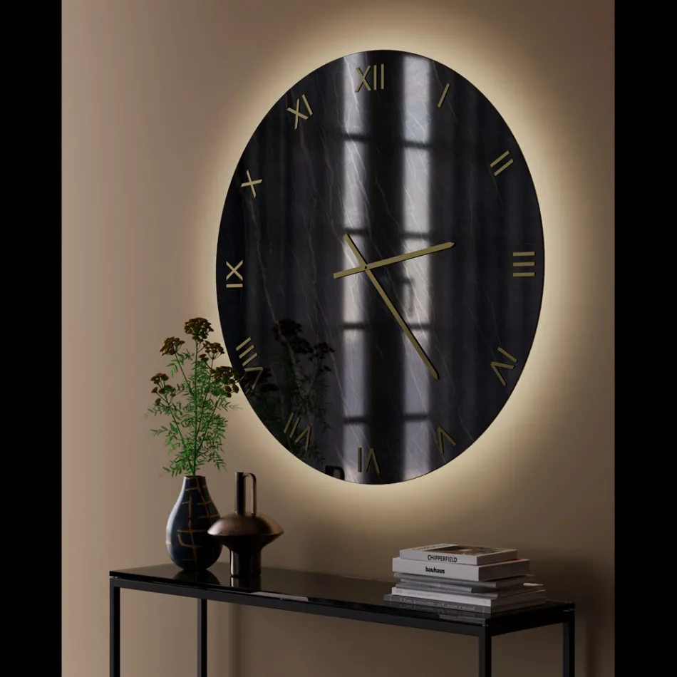 Horloge murale en verre effet marbre noir et or avec aiguilles en laiton - Cortex Viadurini
