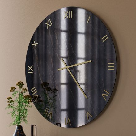 Horloge murale en verre effet marbre noir et or avec aiguilles en laiton - Cortex Viadurini