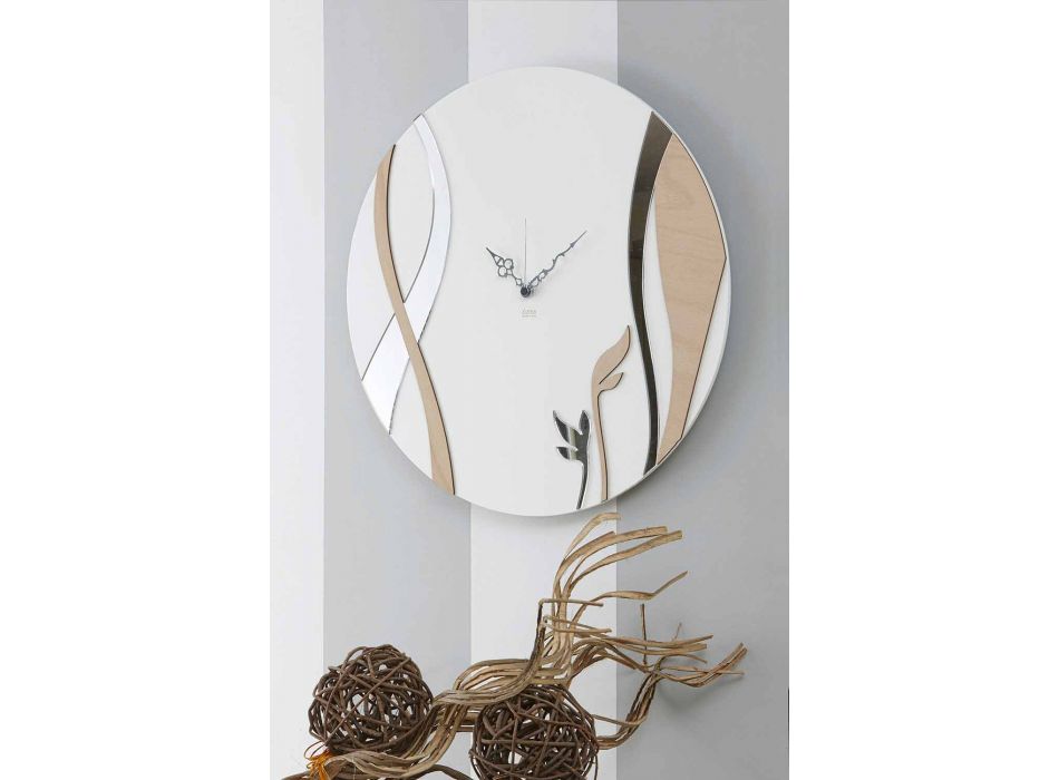 Horloge murale moderne et ronde avec un design en bois décoré - Harmony Viadurini