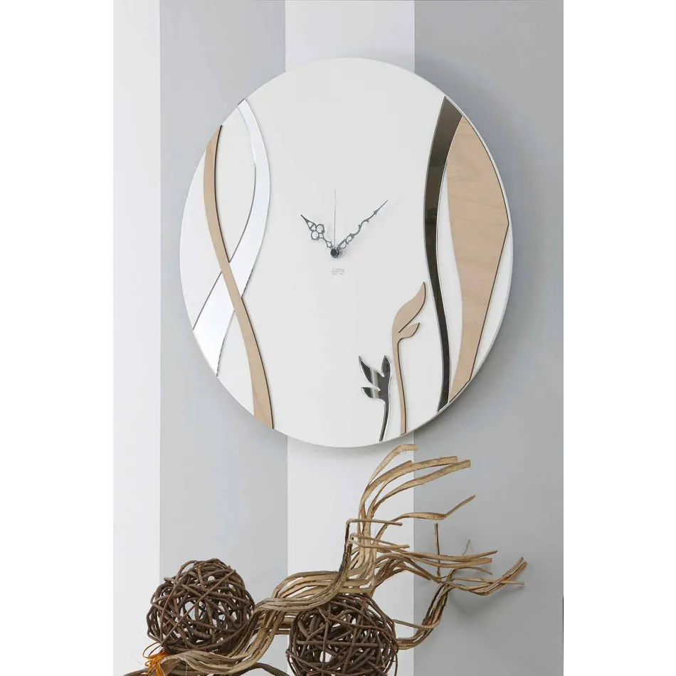 Horloge murale moderne et ronde avec un design en bois décoré - Harmony Viadurini