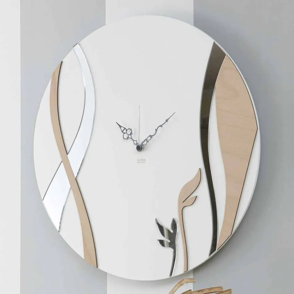 Horloge murale moderne et ronde avec un design en bois décoré - Harmony Viadurini