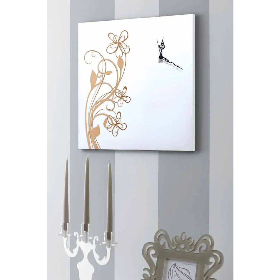 Grande Horloge Murale Carrée en Bois Blanc avec Fleur - Florello Viadurini