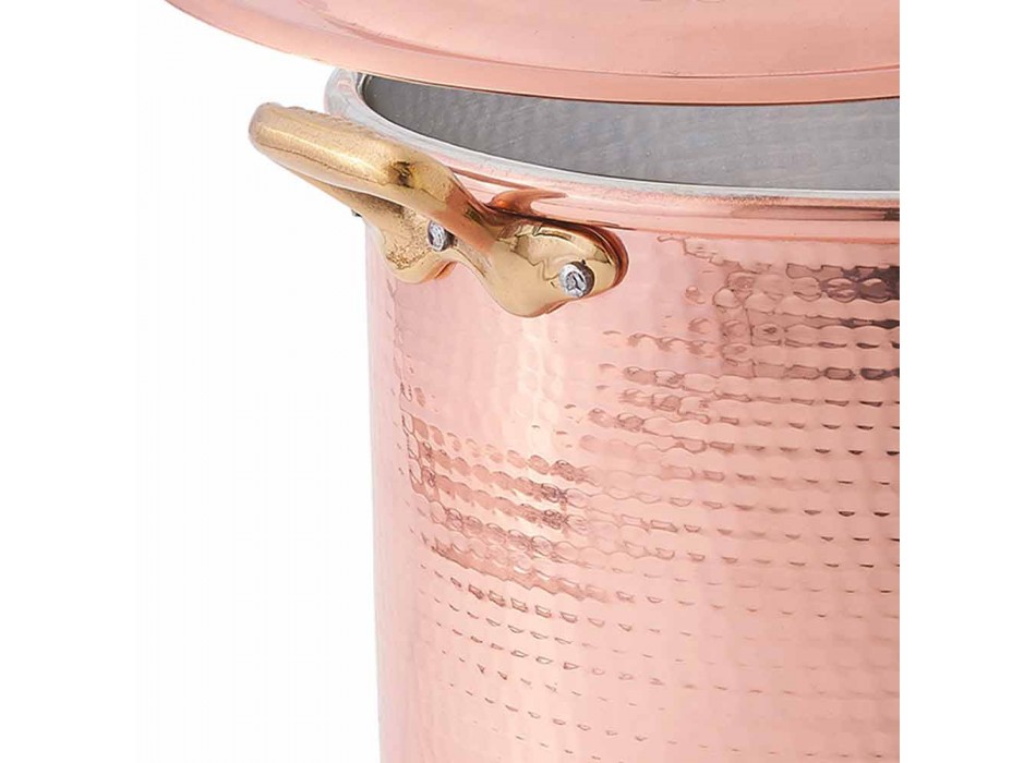 Pot haut en cuivre étamé à la main avec poignées et couvercle 20 cm - Mariarita Viadurini