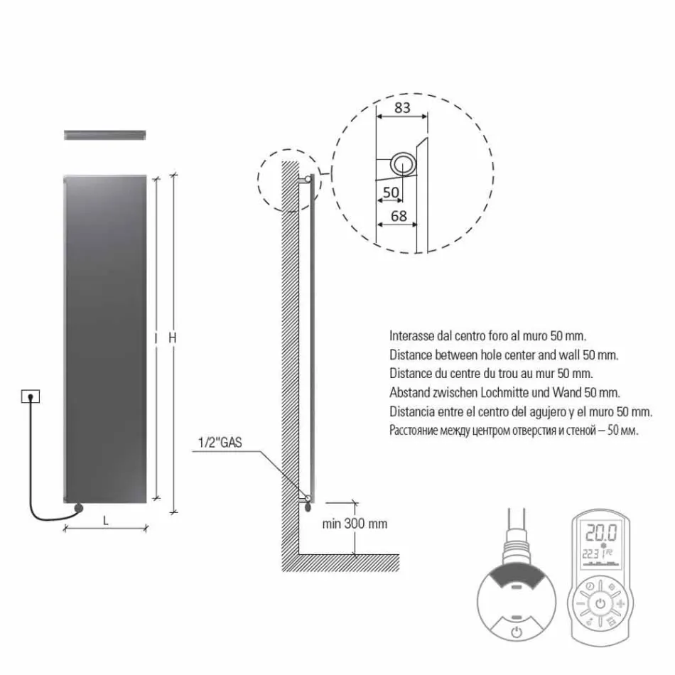 Plaque radiante électrique verticale au design moderne doré jusqu'à 1000 W - Glace Viadurini