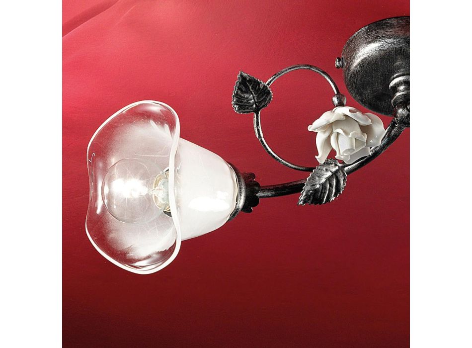 Plafonnier 2 lumières en fer, verre et roses avec décoration en céramique - Sienne Viadurini