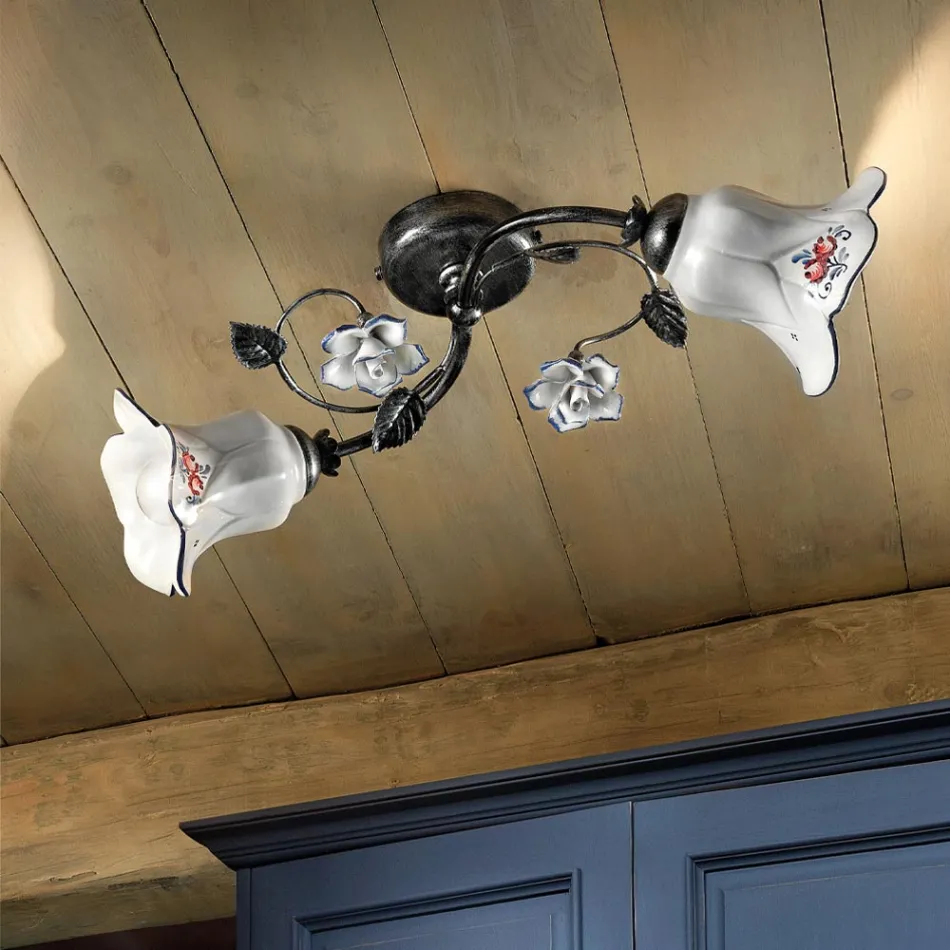 Plafonnier 2 Lumières en Métal et Céramique avec Roses Peintes à la Main - Pise Viadurini