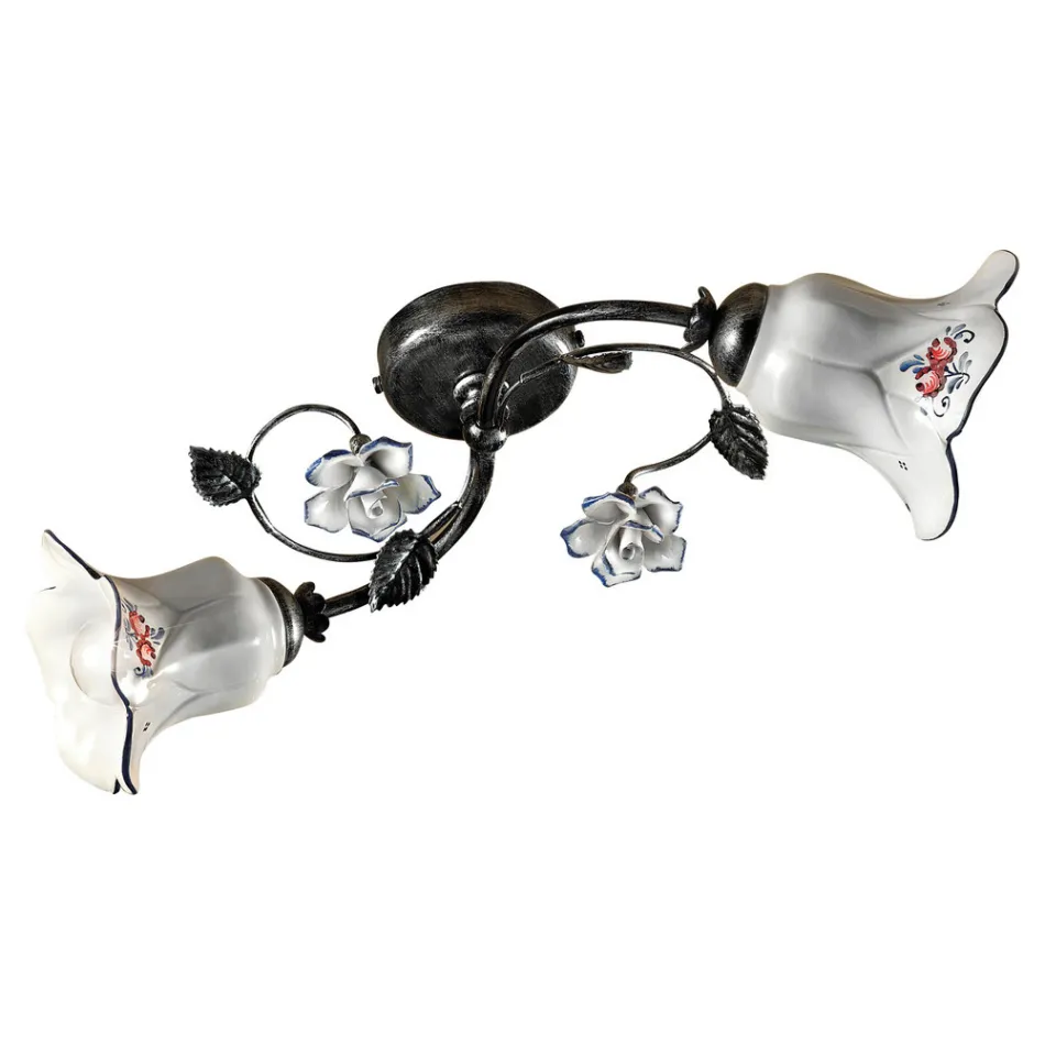 Plafonnier 2 Lumières en Métal et Céramique avec Roses Peintes à la Main - Pisa Viadurini