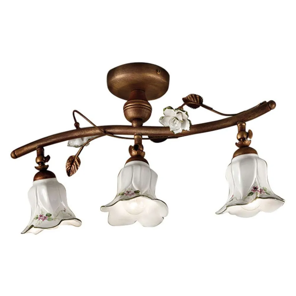 Plafonnier artisanal en céramique à 3 lumières avec décoration de roses - Pise Viadurini