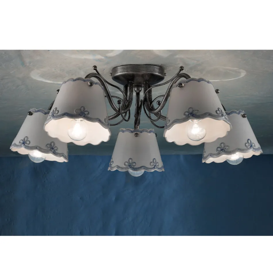 Plafonnier à 3 ou 5 Lumières en Céramique Effet Broderie Peinte à la Main - Ravenne Viadurini