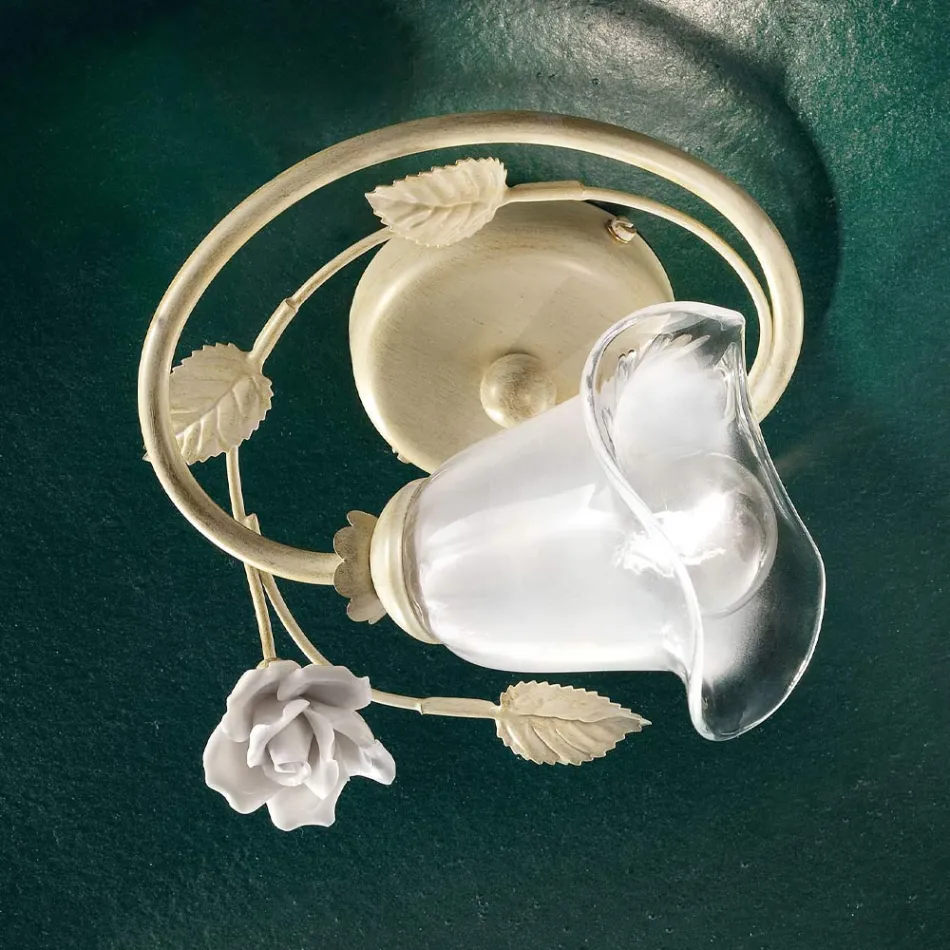 Plafonnier en Fer, Verre Sablé et Roses de Décoration en Céramique - Sienne Viadurini