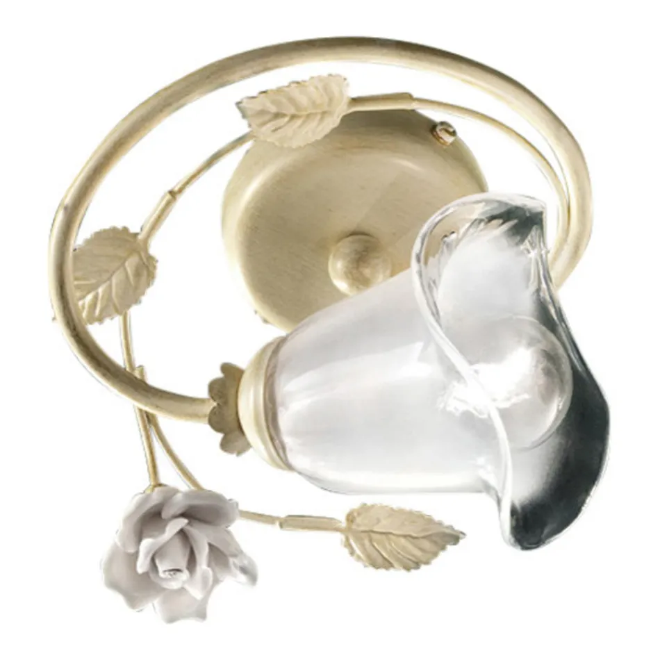 Plafonnier en Fer, Verre Sablé et Roses de Décoration en Céramique - Sienne Viadurini
