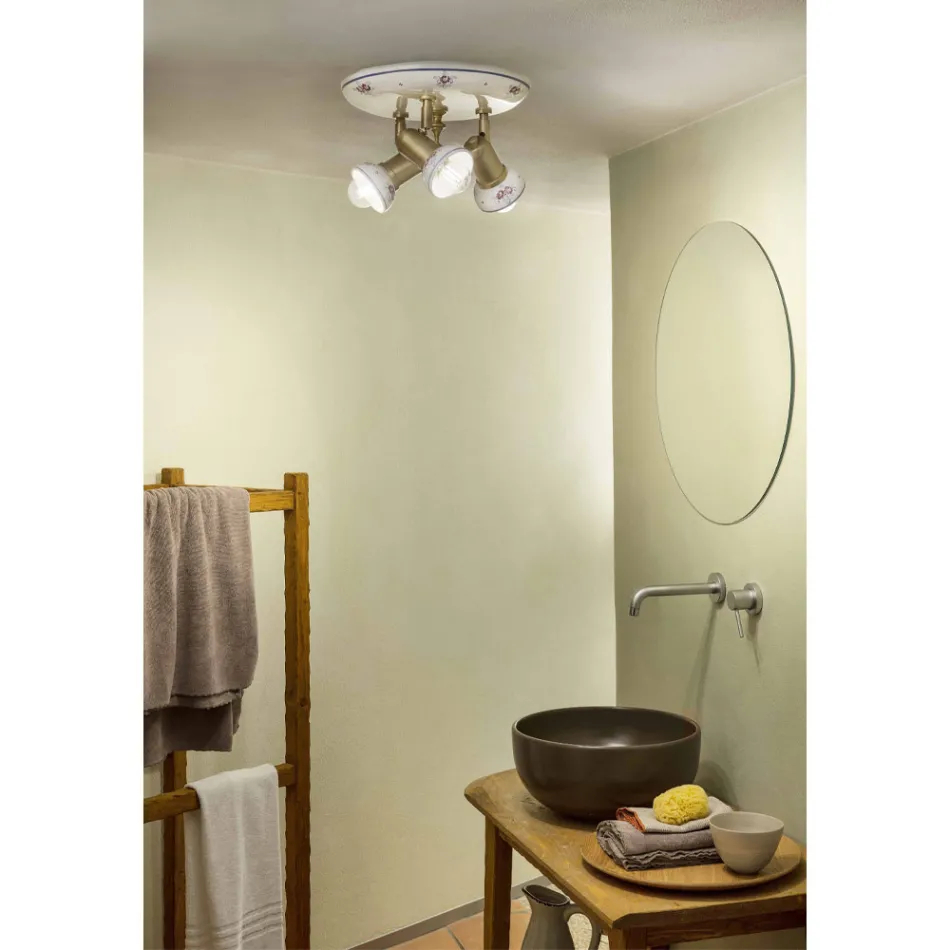 Plafonnier Rond 3 Spots en Laiton et Céramique Peinte à la Main - Savona Viadurini