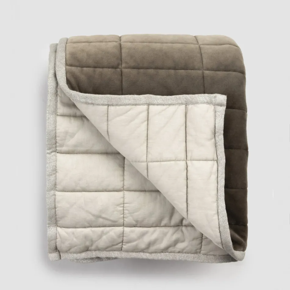 Plaid en Satin de Coton et Chenille avec Lurex, Craie ou Bordure Rétro - Tortoro Viadurini