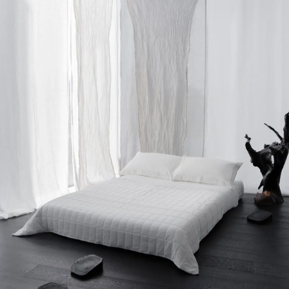 Plaid en Satin de Coton et Chenille avec Lurex, Craie ou Bordure Rétro - Tortoro Viadurini