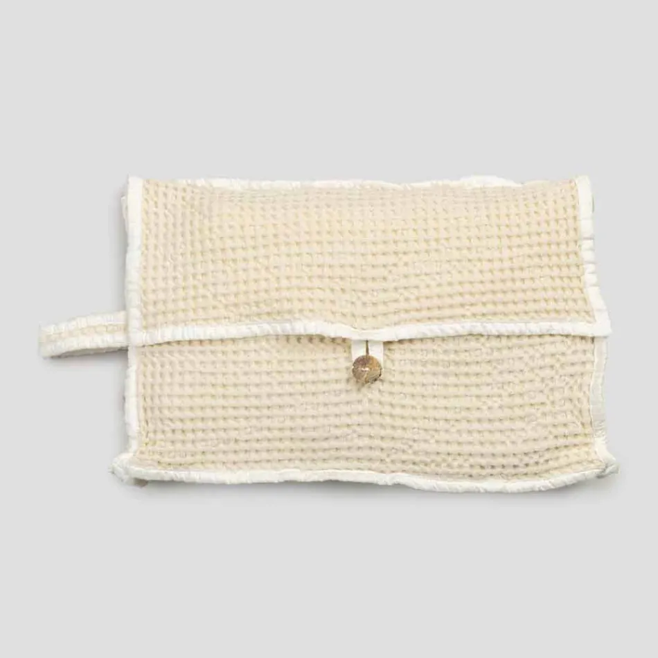 Pochette en coton nid d'abeille blanc naturel avec bouton en nacre - Anteha Viadurini