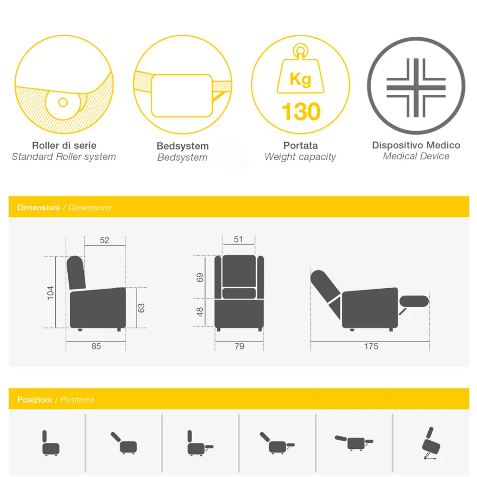 Fauteuil élévateur avec fonctions ascenseur, relaxation et lit fabriqué en Italie - Talita Viadurini