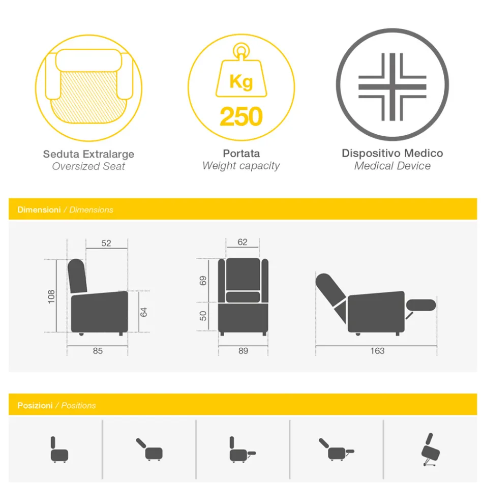 Fauteuil relevable avec assise extra large en tissu Made in Italy - Margaret Viadurini