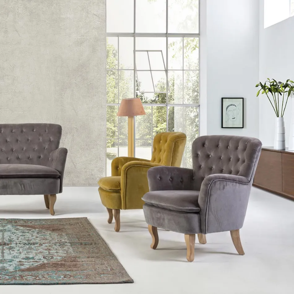 Fauteuil Classique en Bois et Assise Rembourrée en Coton Matelassé - Monny Viadurini