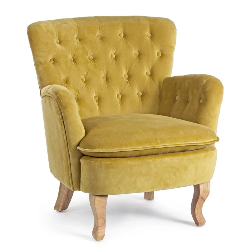 Fauteuil Classique en Bois et Assise Rembourrée en Coton Matelassé - Monny Viadurini