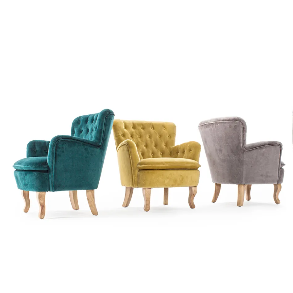 Fauteuil Classique en Bois et Assise Rembourrée en Coton Matelassé - Monny Viadurini