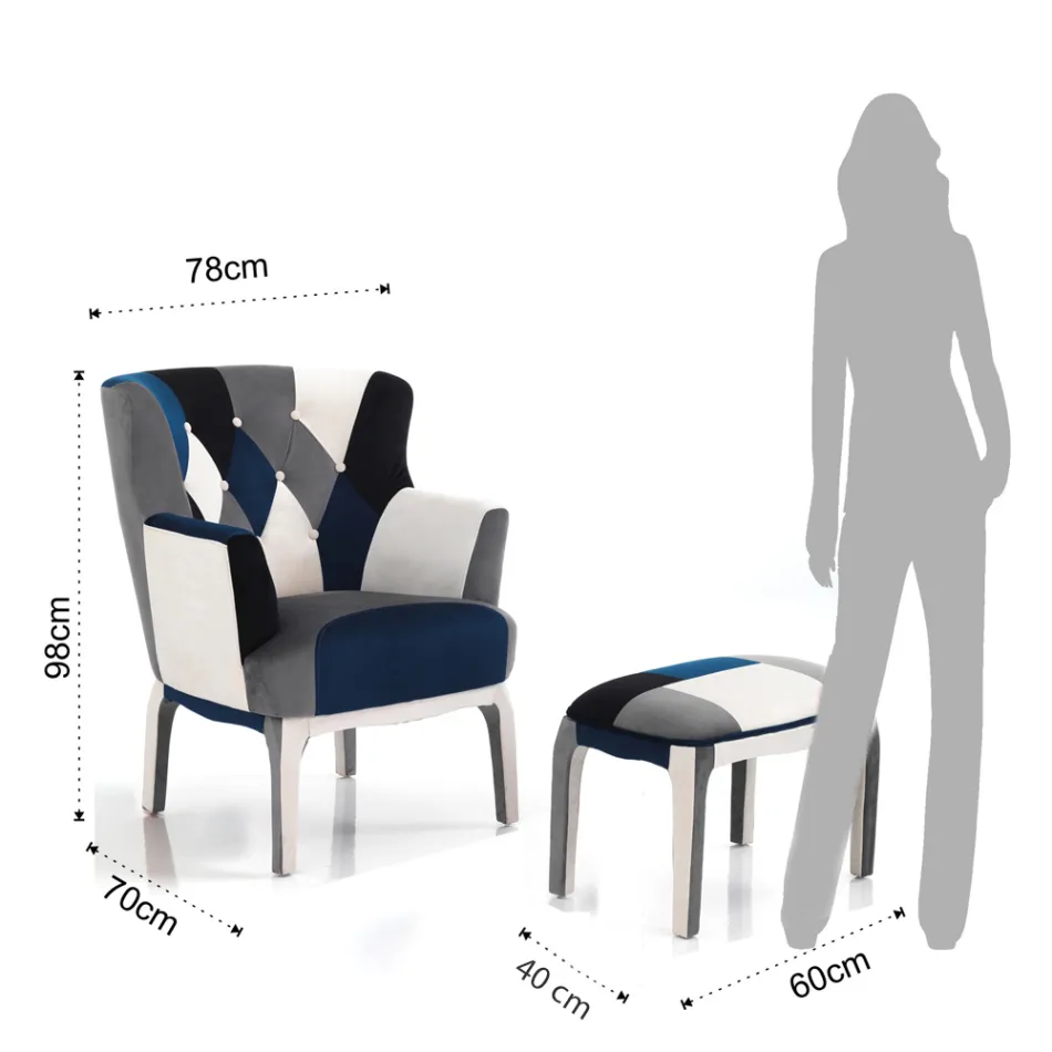Fauteuil avec Pouf en Tissu Patchwork - Bromo Viadurini