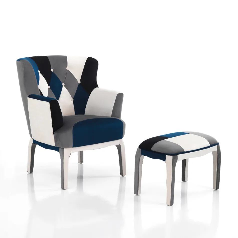 Fauteuil avec Pouf en Tissu Patchwork - Bromo Viadurini