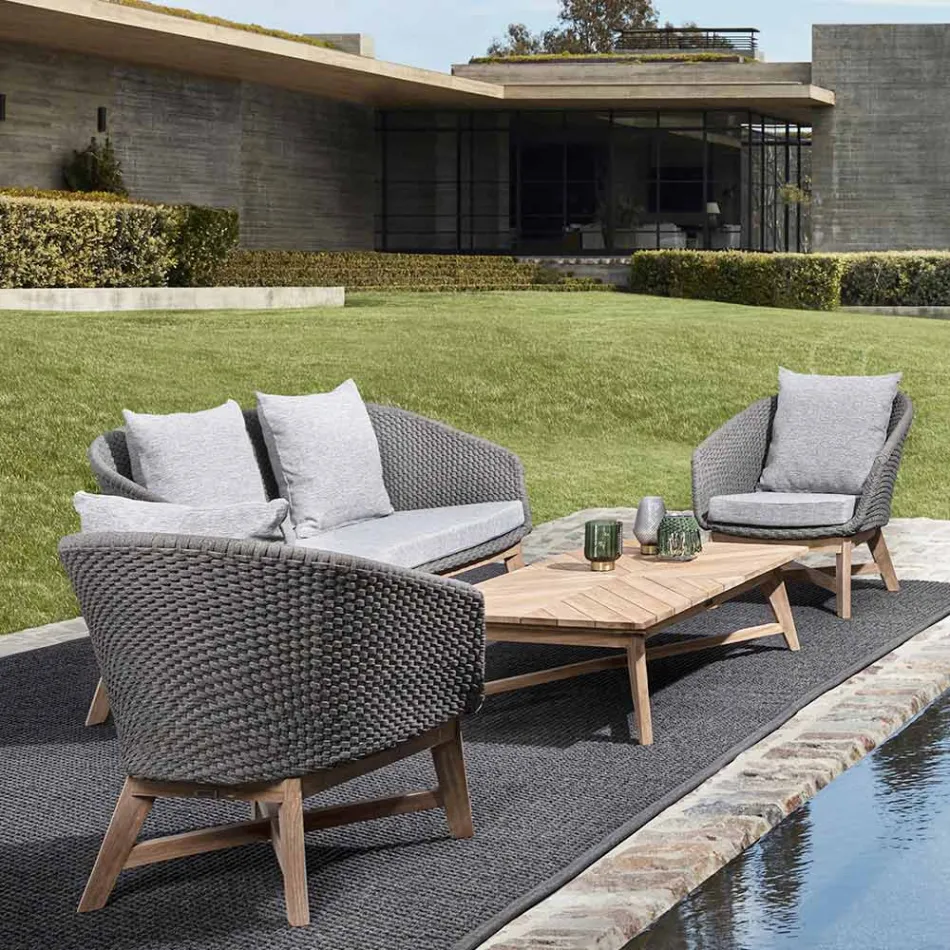 Fauteuil d'extérieur en tissage de corde et bois de teck, Homemotion - Callum Viadurini