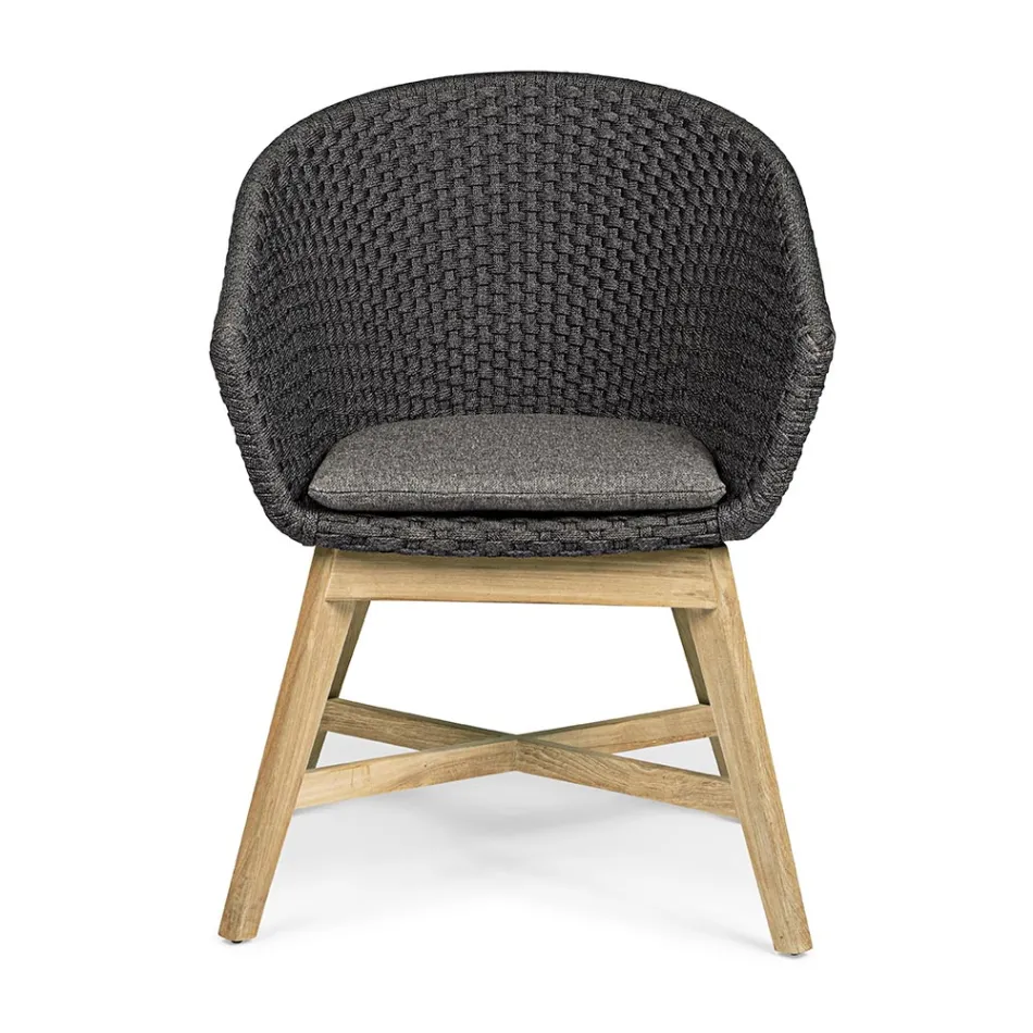 Fauteuil d'extérieur en bois et corde avec coussin, Homemotion, 2 pièces - Oskana Viadurini