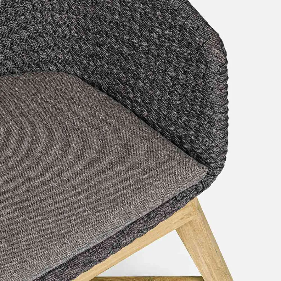 Fauteuil d'extérieur en bois et corde avec coussin, Homemotion, 2 pièces - Oskana Viadurini