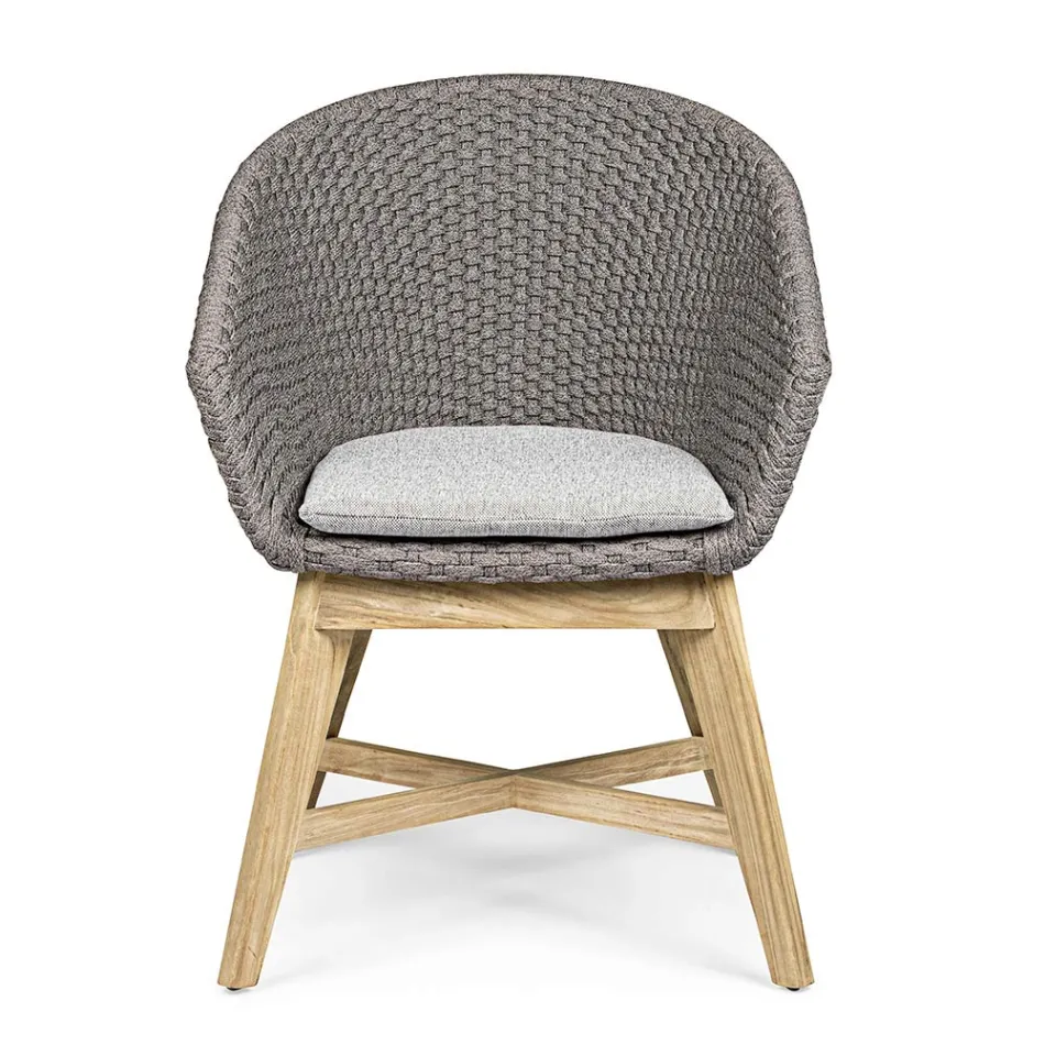 Fauteuil d'extérieur en bois et corde avec coussin, Homemotion, 2 pièces - Oskana Viadurini