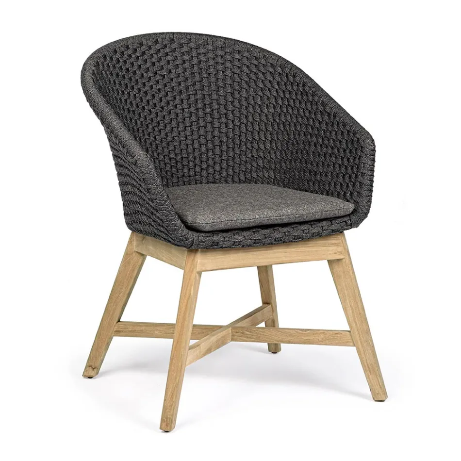 Fauteuil d'extérieur en bois et corde avec coussin, Homemotion, 2 pièces - Oskana Viadurini