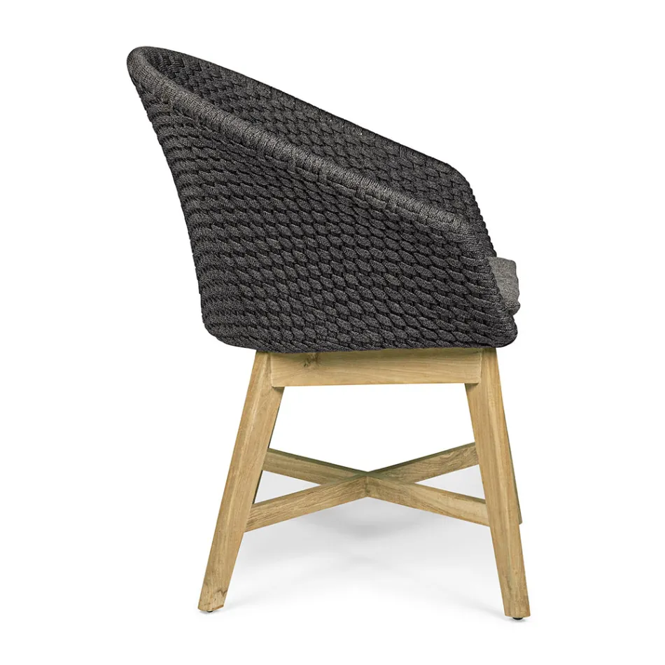 Fauteuil d'extérieur en bois et corde avec coussin, Homemotion, 2 pièces - Oskana Viadurini
