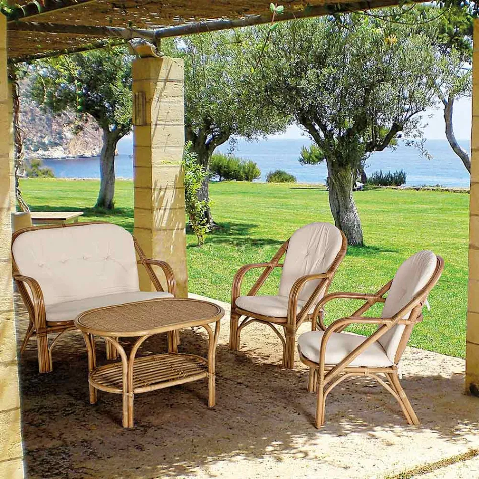 Fauteuil de jardin en rotin naturel avec coussin amovible - Maurizia Viadurini