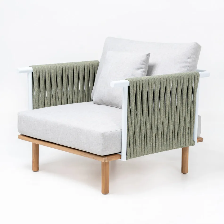 Fauteuil de jardin en teck, tissage de corde et coussins - Bellatrix Viadurini