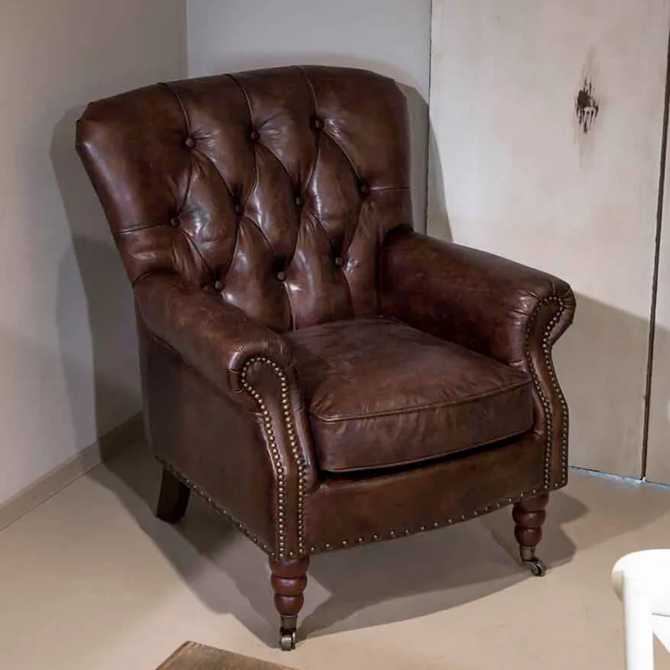 Fauteuil d'intérieur entièrement réalisé en cuir vintage effet vieilli - Stamp Viadurini