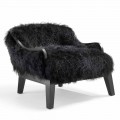 Fauteuil de salon bas en cuir et fourrure noir, produit italien, Eli