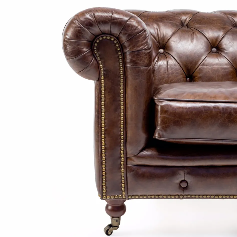 Fauteuil de Salon en Cuir Vintage Effet Vieilli avec Roulettes et Accoudoirs - Stamp Viadurini