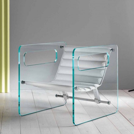 Fauteuil de Salon en Verre et Assise en Cuir Blanc Design Moderne - Tecna Viadurini