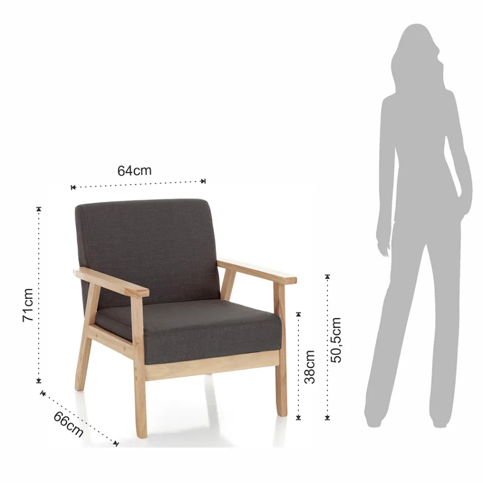 Fauteuil de Salon en Bois de Pin Massif et Tissu Gris Foncé - Basilicate Viadurini