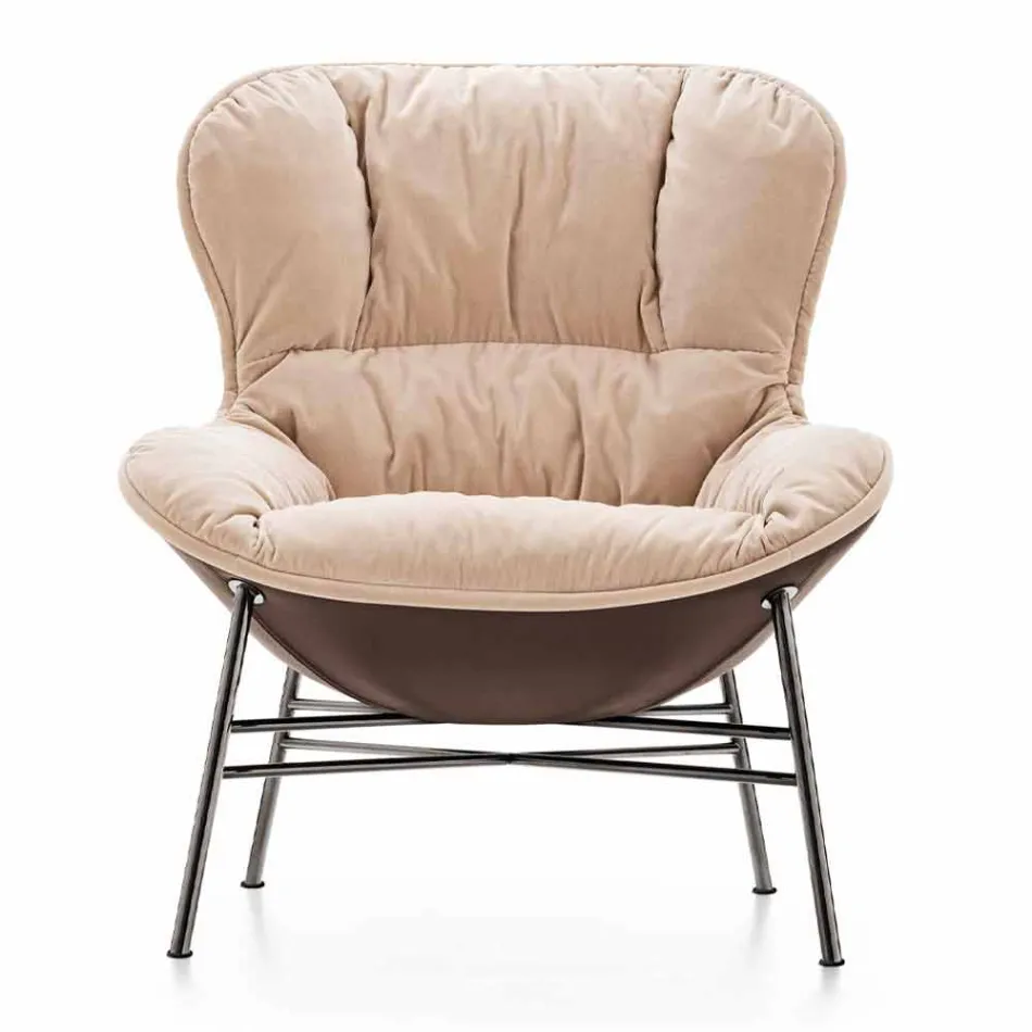 Fauteuil de salon en cuir et tissu avec base chromée Made in Italy - Litchi Viadurini