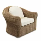 Fauteuil d'extérieur en rotin synthétique tissé et tissu blanc ou écru - Yves Viadurini
